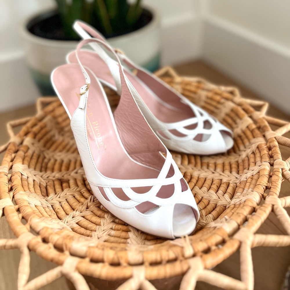 Vintage Evan Picone White Cut Out Sling Back Kitten Heel Size 8